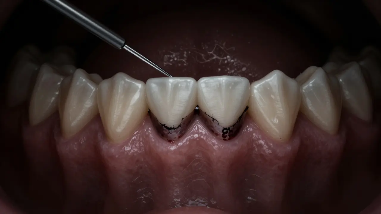 Káž pod dásní způsobuje ztrátu kosti kolem zubu, zobrazeno jako postupné rozpouštění.