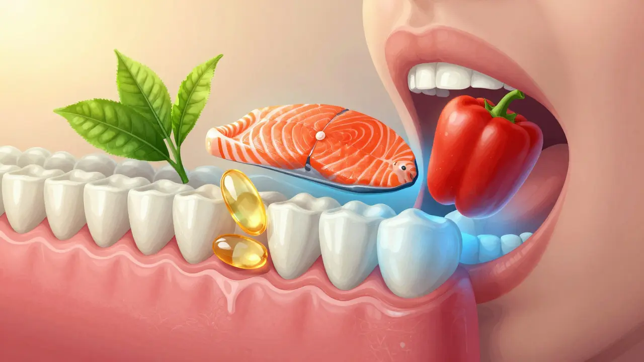 Křížový řez úst s plakem na dásních a potravinami podporujícími hojení: zelený čaj, paprika a losos.