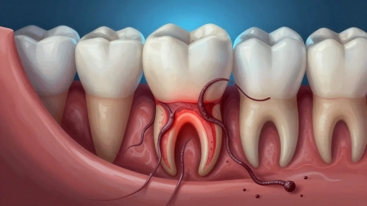 Křížový řez ústní dutiny s infikovaným nervem předního zubu a šířícími se bakteriemi.