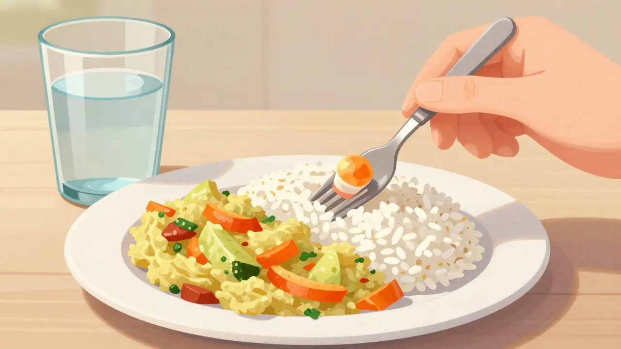 Měkké vařené zeleniny a rýže na talíři, jídlo se jí na druhé straně úst.