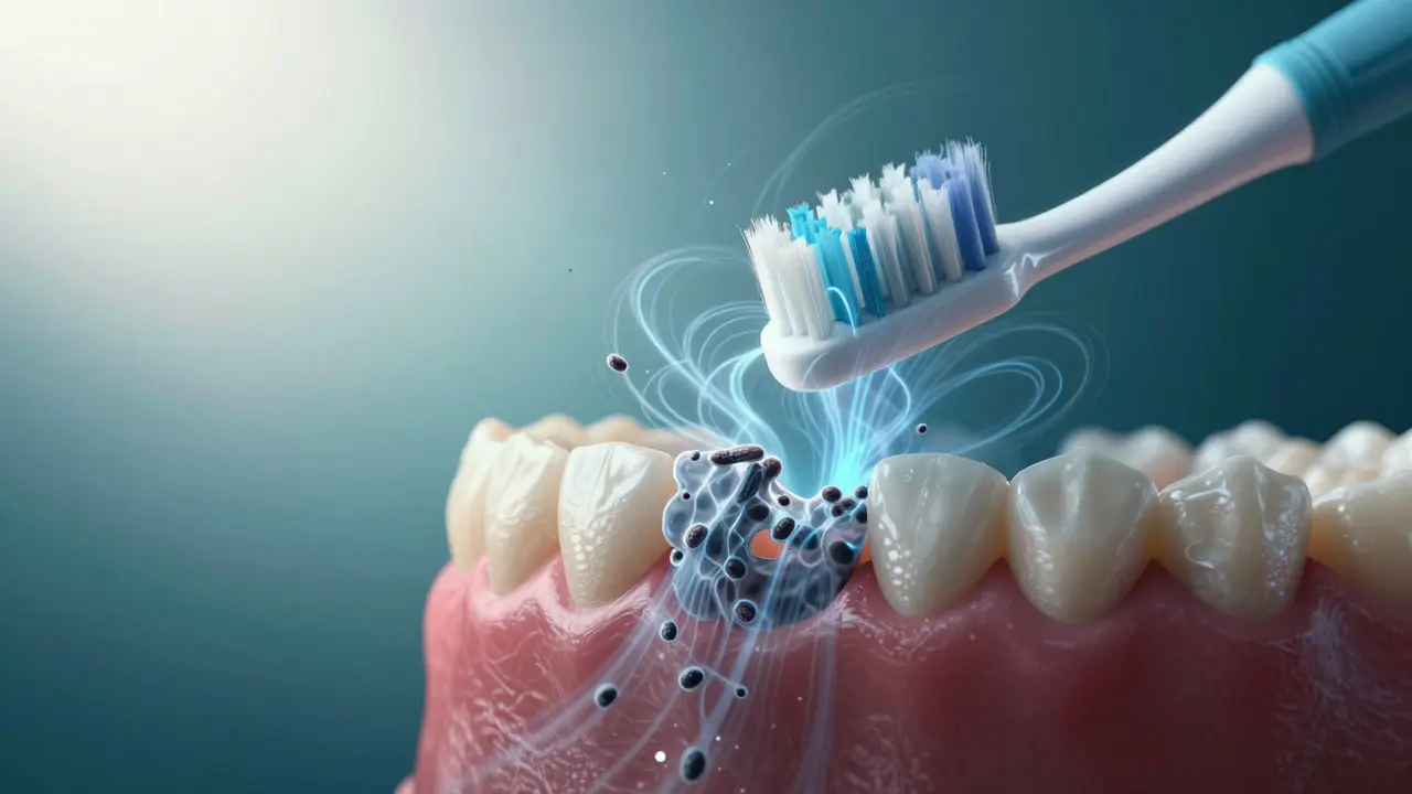 Mikroskopické vlny rozkládají zubní plak mezi zuby a pod dásněmi ve tvaru jemných světelných vln.