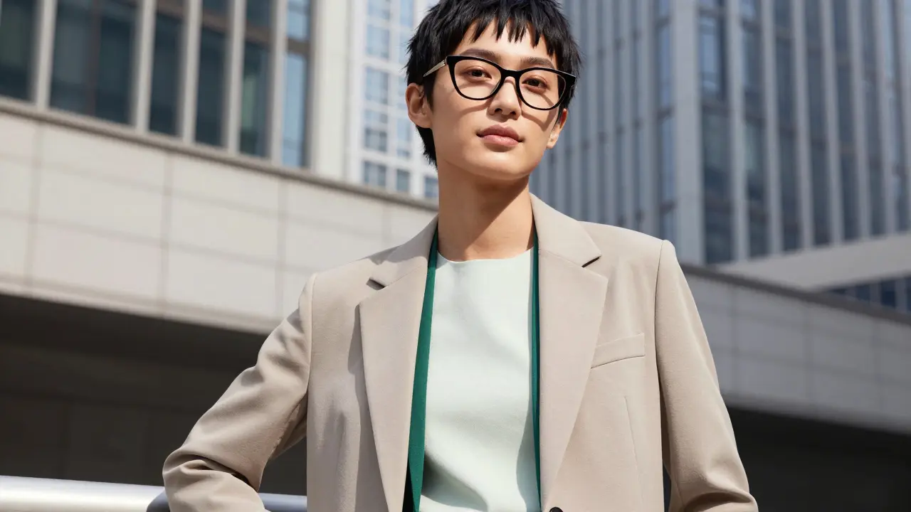 Mladý člověk v elegantním oblečení s brýlemi na městském pozadí