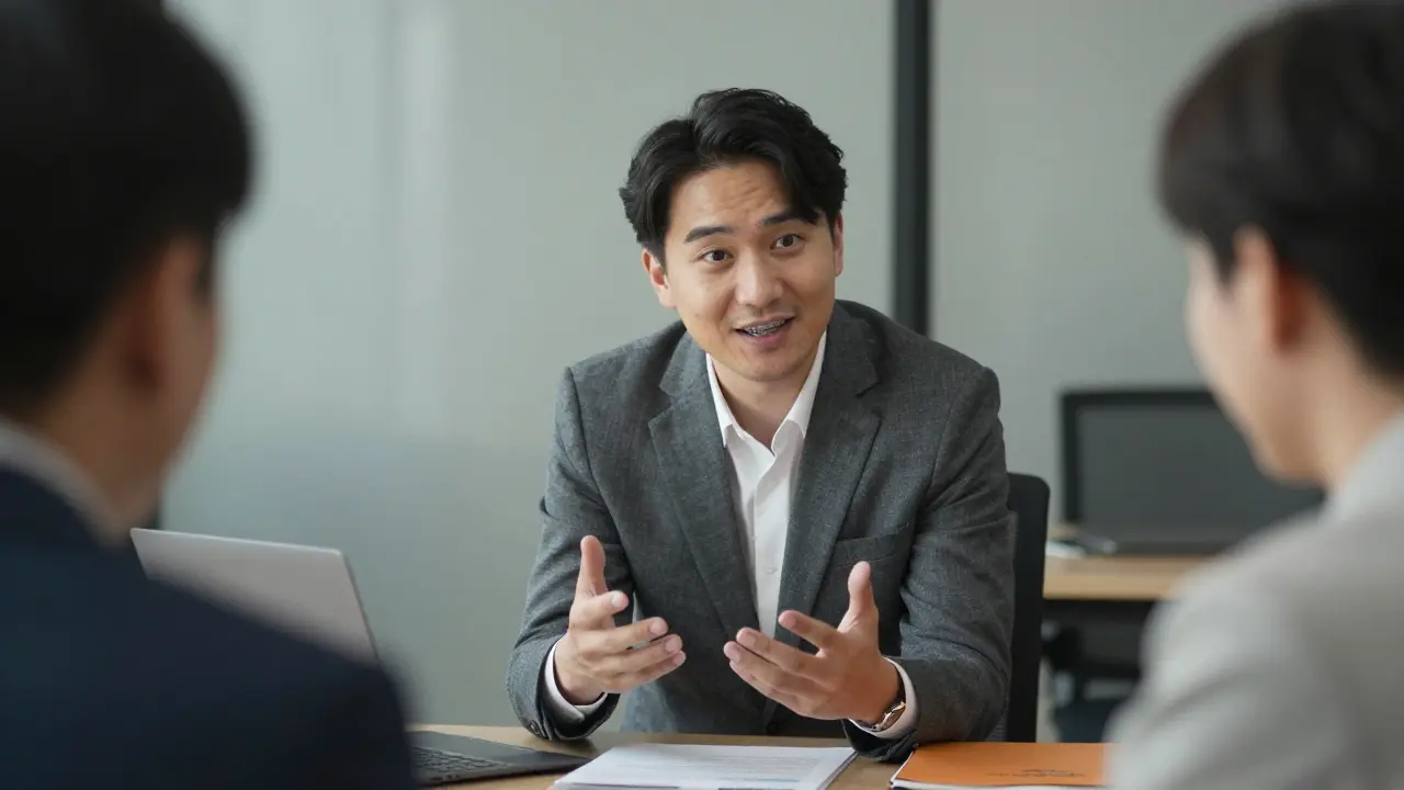 Osoba mluví v pracovním prostředí s sebevědomím, neukrývá úsměv, kolegové naslouchají.