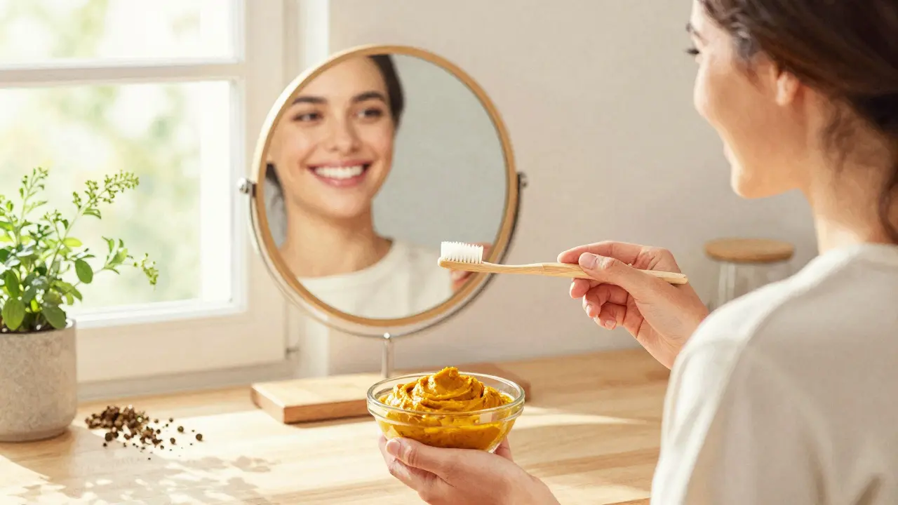 Osoba se směje, drží pastu z kurkumy a zubní kartáček v kuchyni.