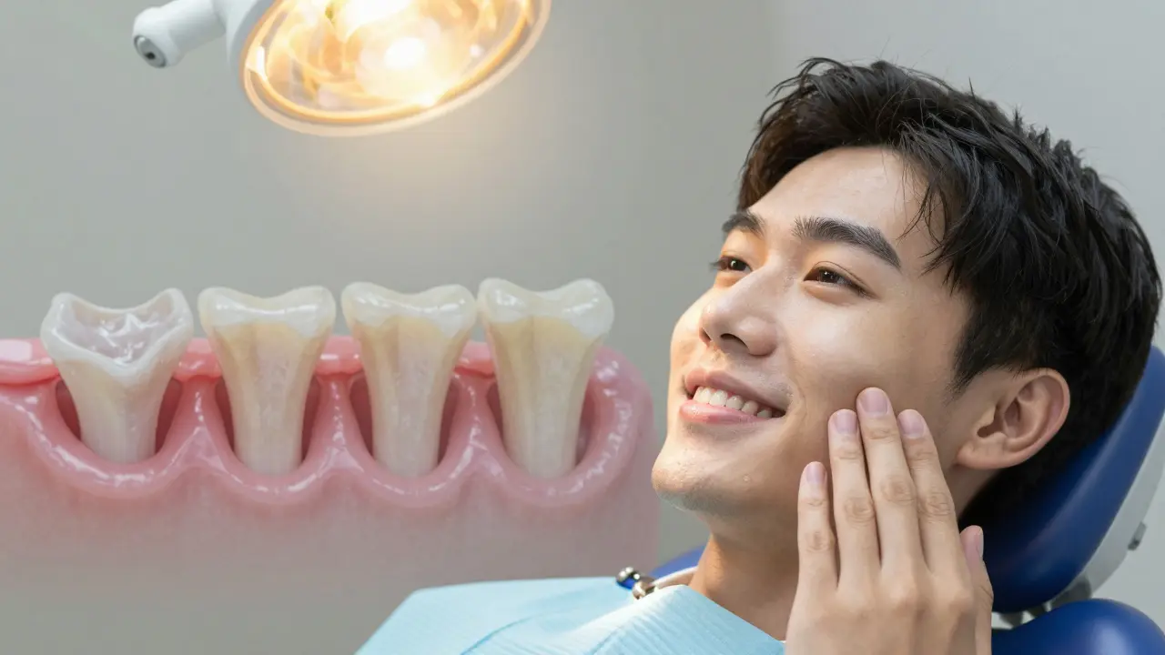 Pacient v křesle u zubaře s přehledem skrytého poškození dásní a kosti.