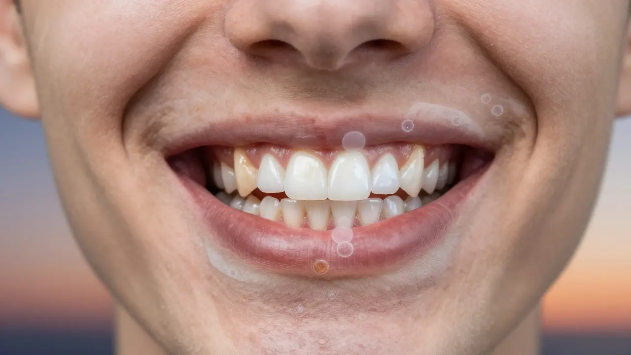 Porovnání tmavých a bělých zubů v jednom úsměvu, symbolizující účinek bělení.