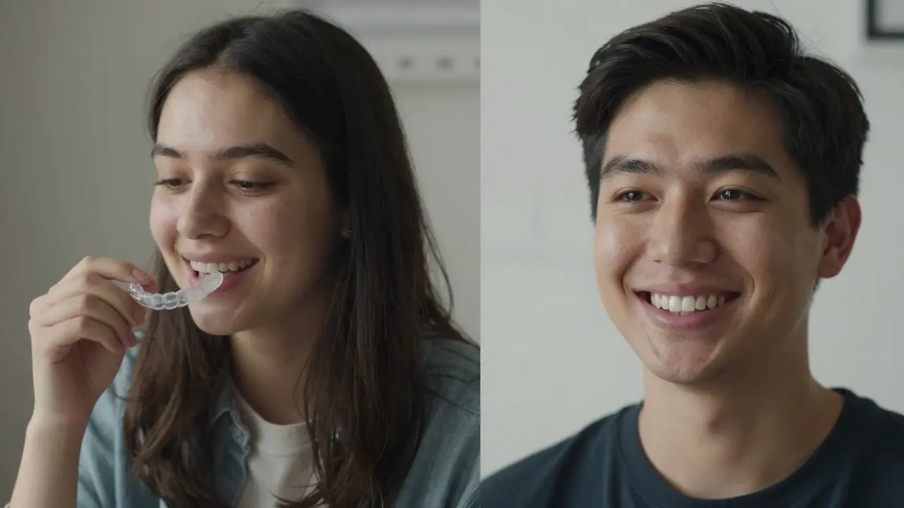 Porovnání vzhledu zubů před a po 12 měsících léčby Invisalign.