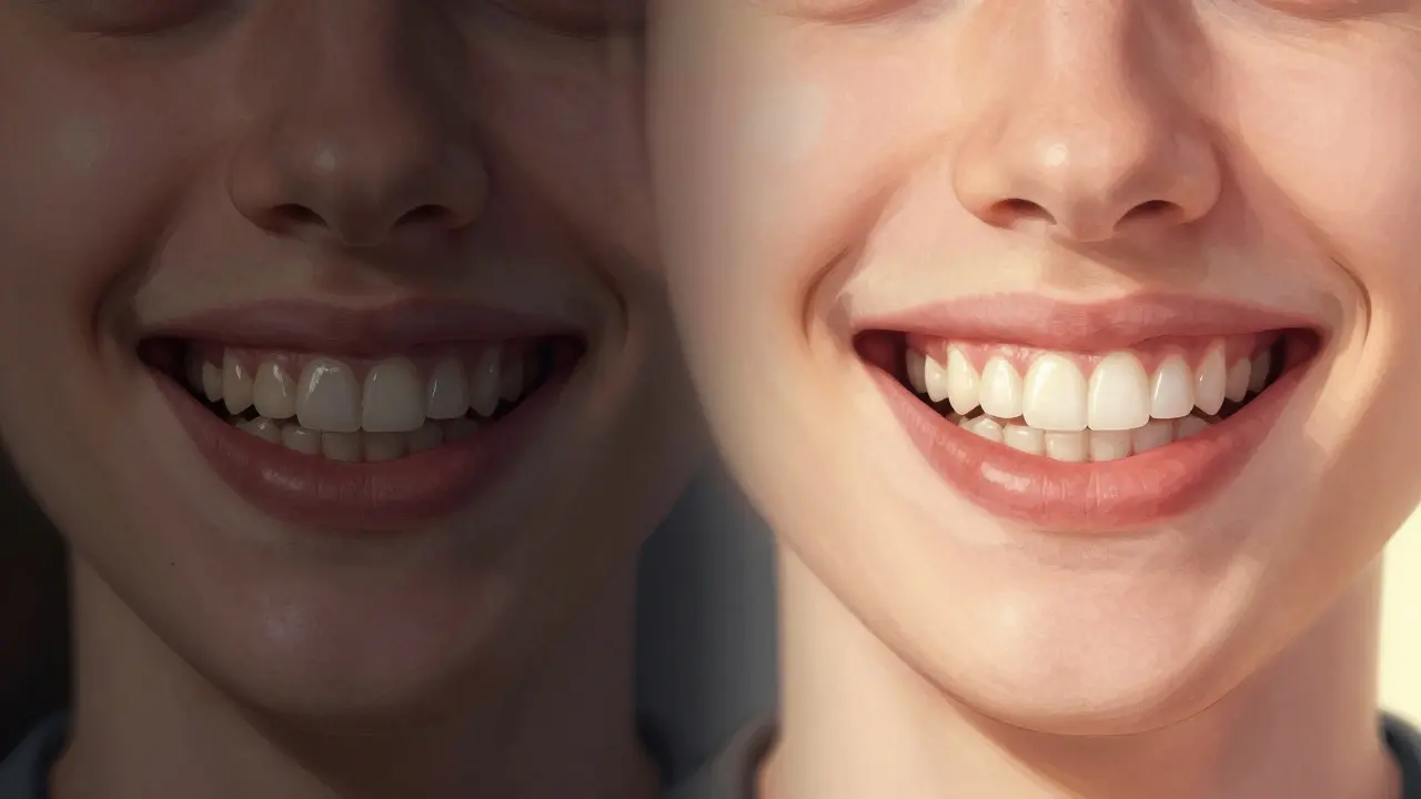 Před a po: mírně křivé zuby se mění na dokonalou řadu pomocí fazet.