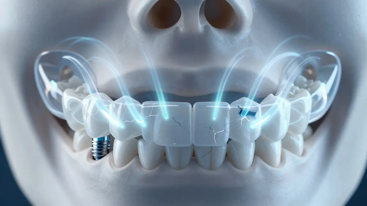 Přehledný diagram chránění zubů a implantátů pomocí Curaprox chrániče, který rozptyluje tlak.