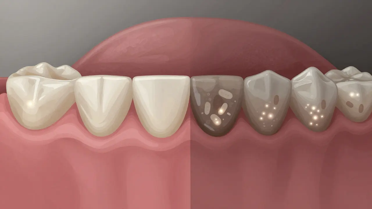 Přeměna zubního plaku na káž pod dásní během 24 hodin, znázorněno symbolicky.