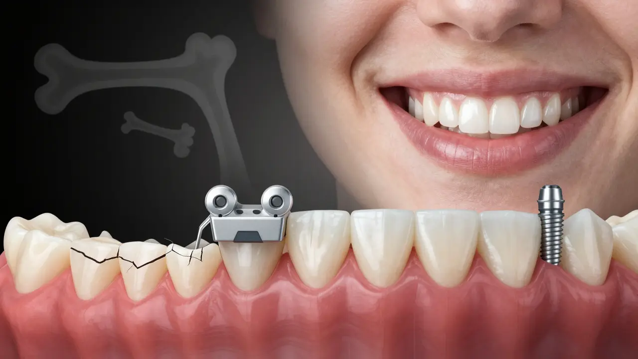 Progression from tooth loss to full restoration with dental implants in a split-panel visual.