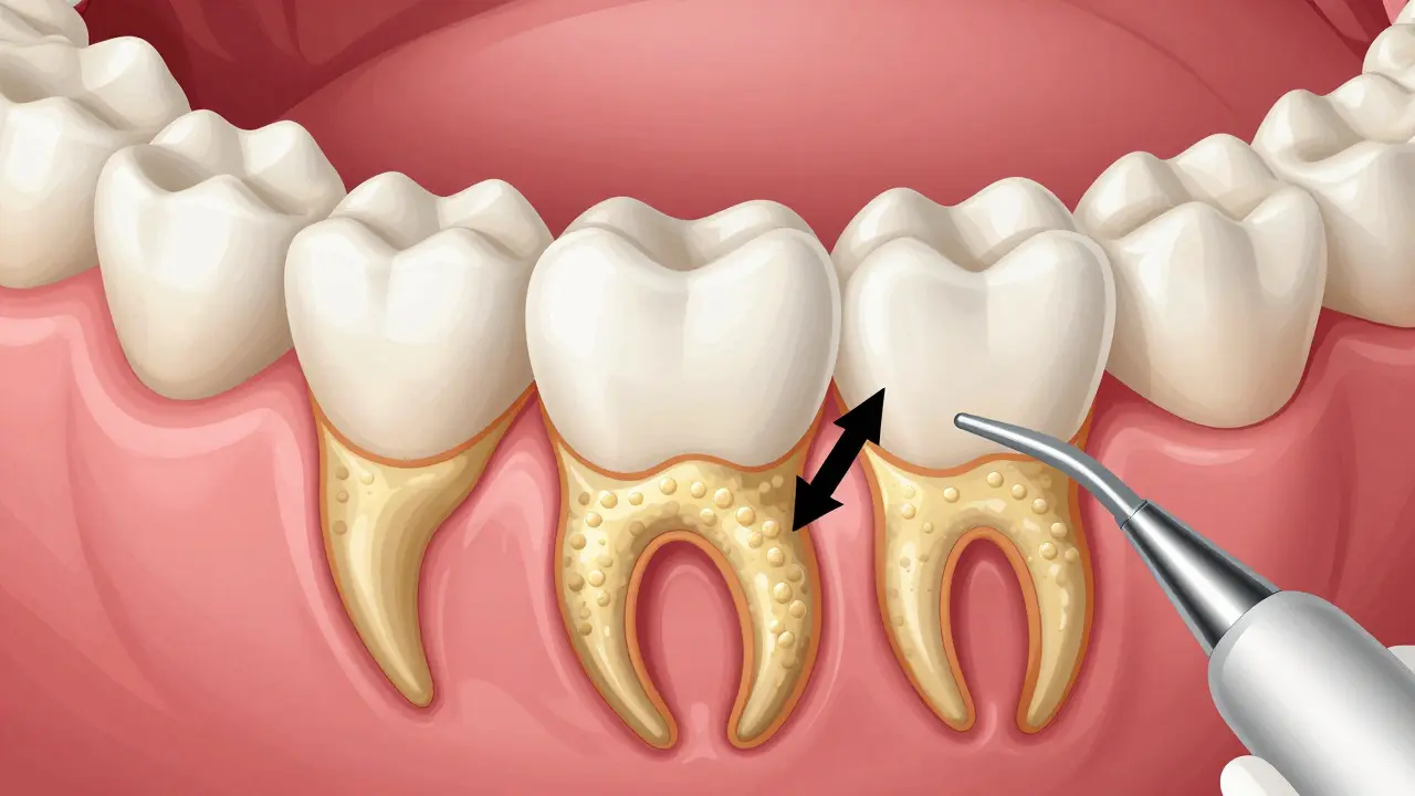 Průřez čelistí ukazující tvorbu zubního kamene pod dásní a jeho vliv na kost.