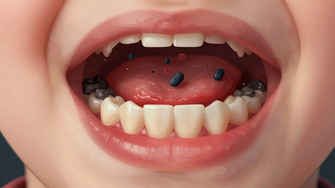 Průřez dětského ústního ústrojí s viditelným zubním kamenem a zánětem dásní.