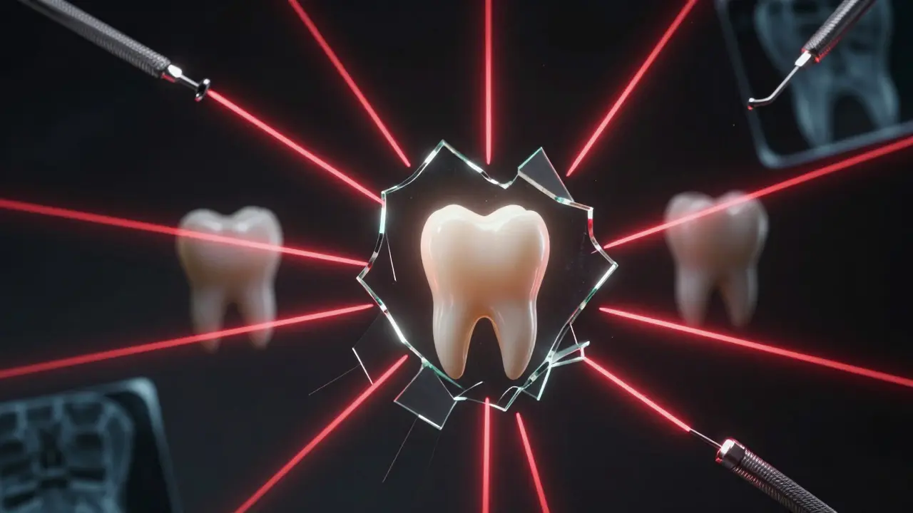 Rozbité zrcadlo odrazující poškozené přední zuby, jediný zdravý zub září uprostřed.