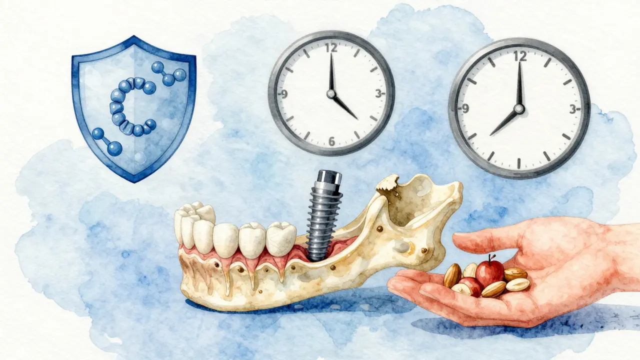 Rozvoj kosti kolem implantátu s vitaminovými symboly, 3-6 měsíců hojení.