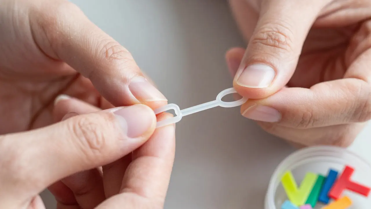 Ruce připevňují novou gumovou gumičku mezi háčky rovnátek v ranním světle.