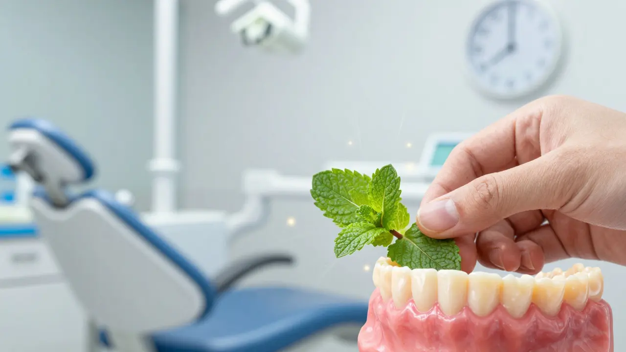 Ruka žvýká čerstvý list kačíru, z něj se šíří antibakteriální částice směrem ke zdravým dásním.