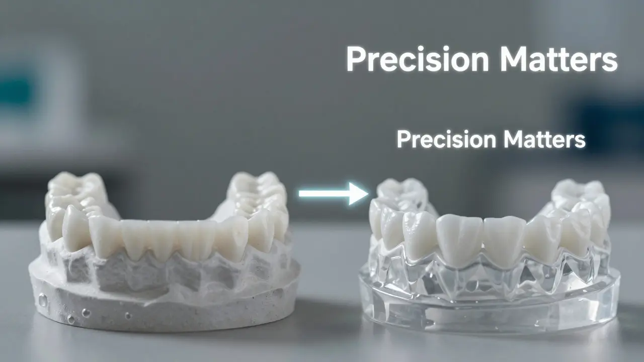 Side-by-side comparison of a flawed and perfect dental impression for dental prosthetics.