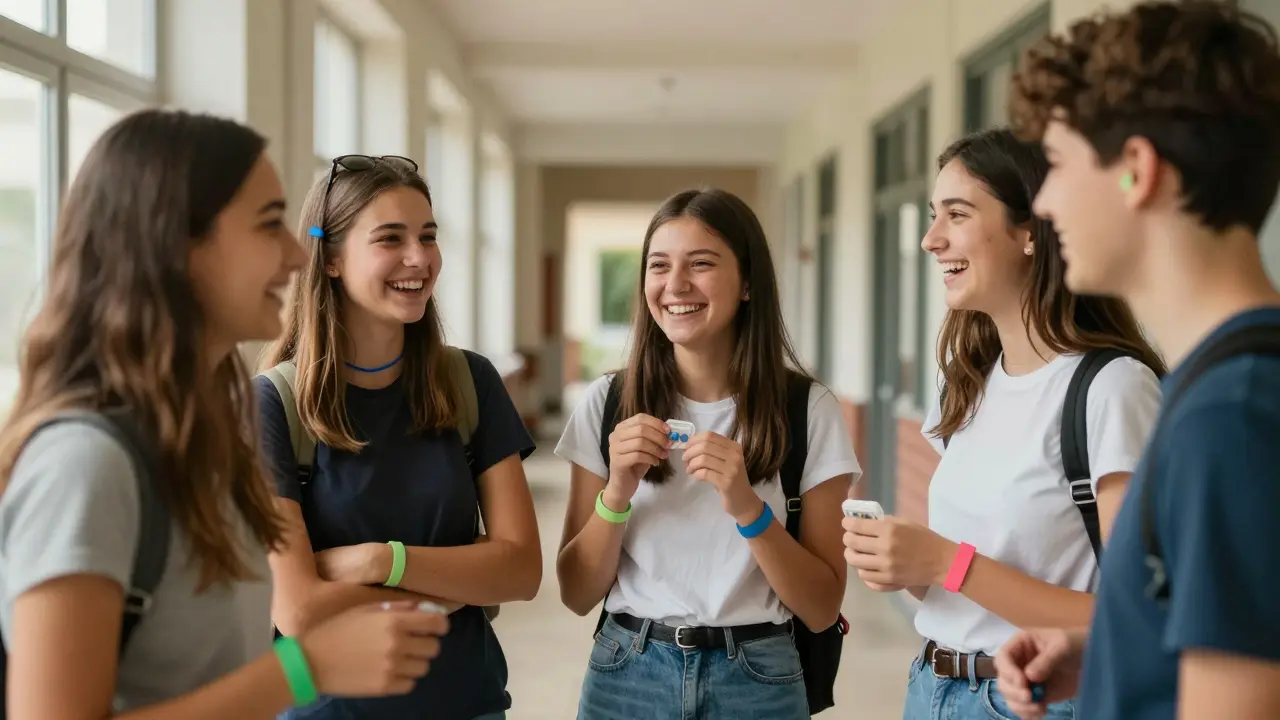 Tři teenagéři se smějí v školní chodbě s barevnými gumičkami na rovnátkách a malou krabičkou náhradních gumiček.
