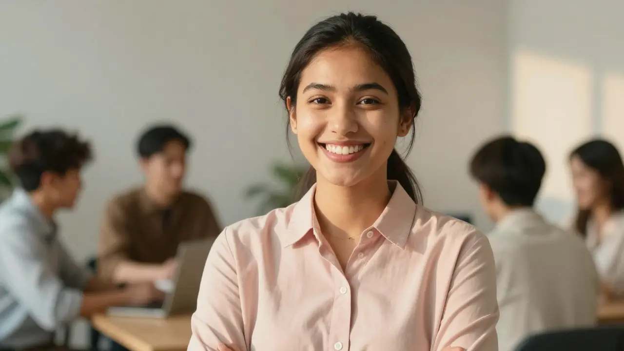 Věřící profesionál usmívající se v moderním kanceláři