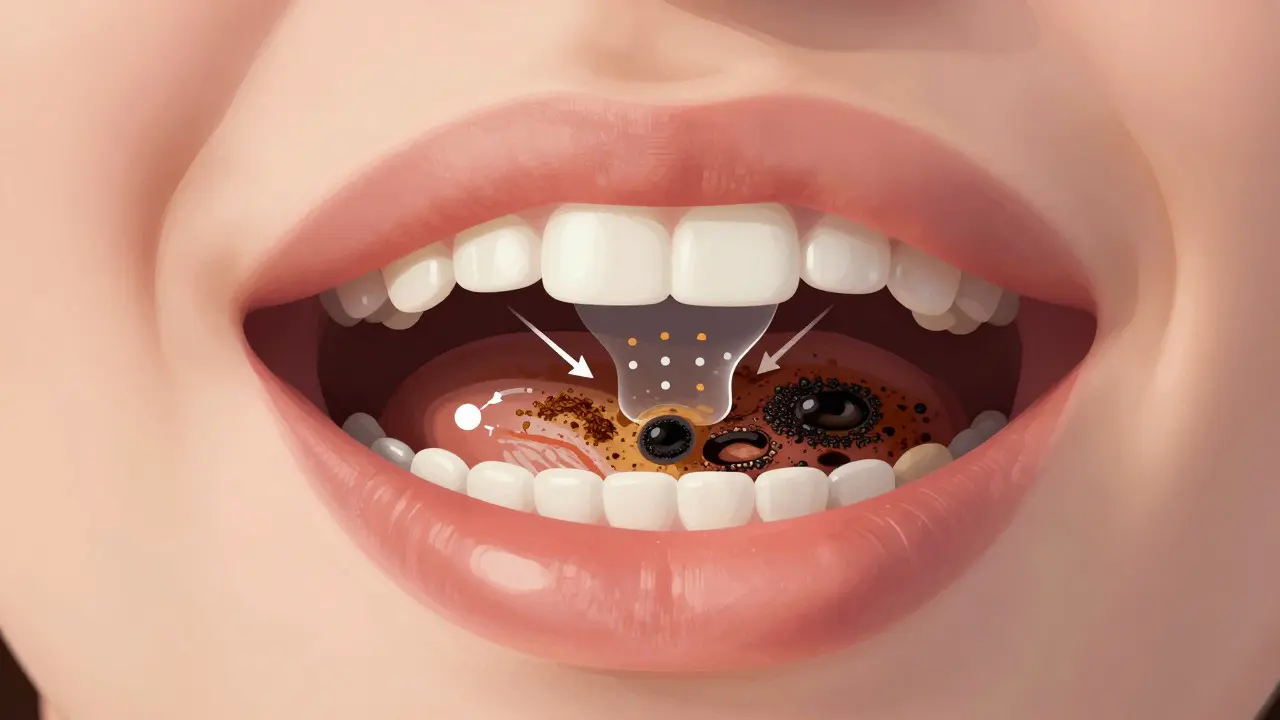 Vnitřní pohled na tvorbu černého zubního kamene z plaku a slin