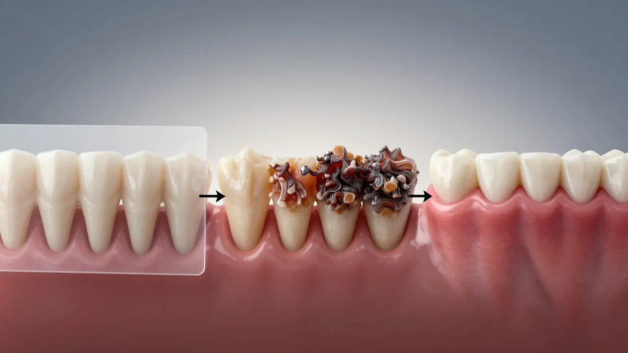 Vývoj zubního kamene a zánětu dásní bez pravidelné péče o zuby.