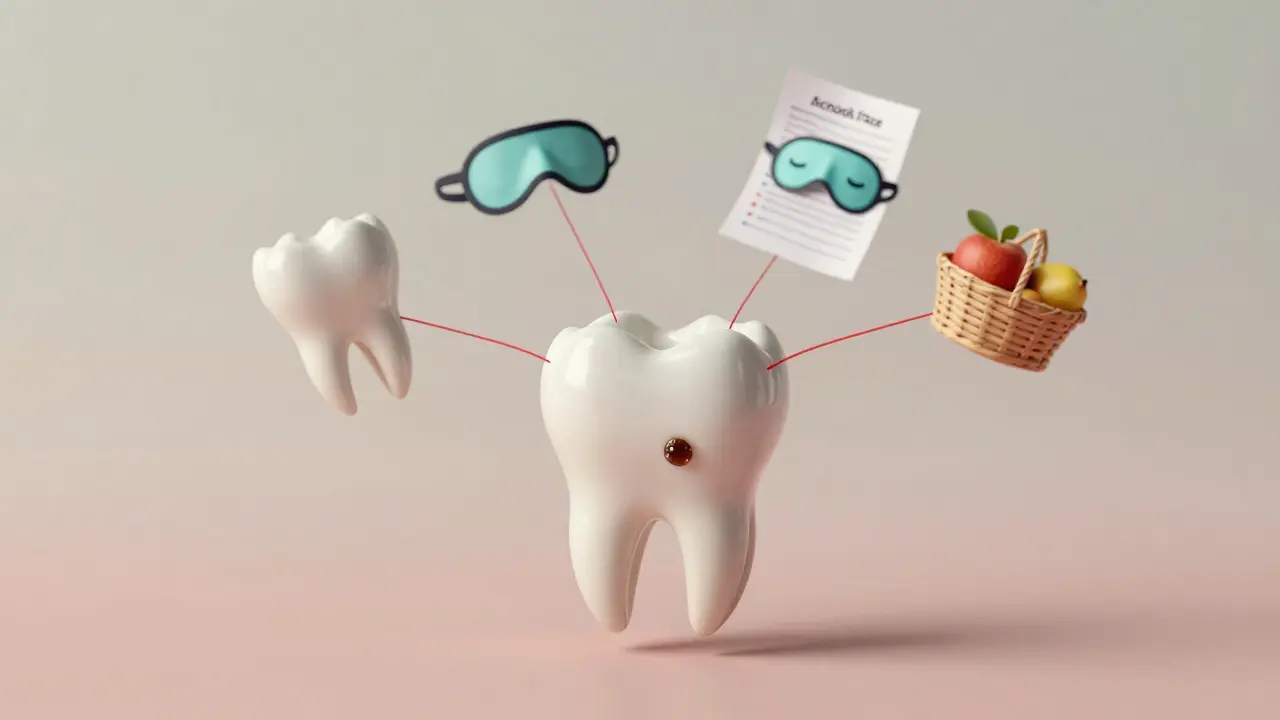 Ztracený dočasný zub s přidruženými důsledky: špatné zarovnání zubů, porucha spánku a špatná výživa.