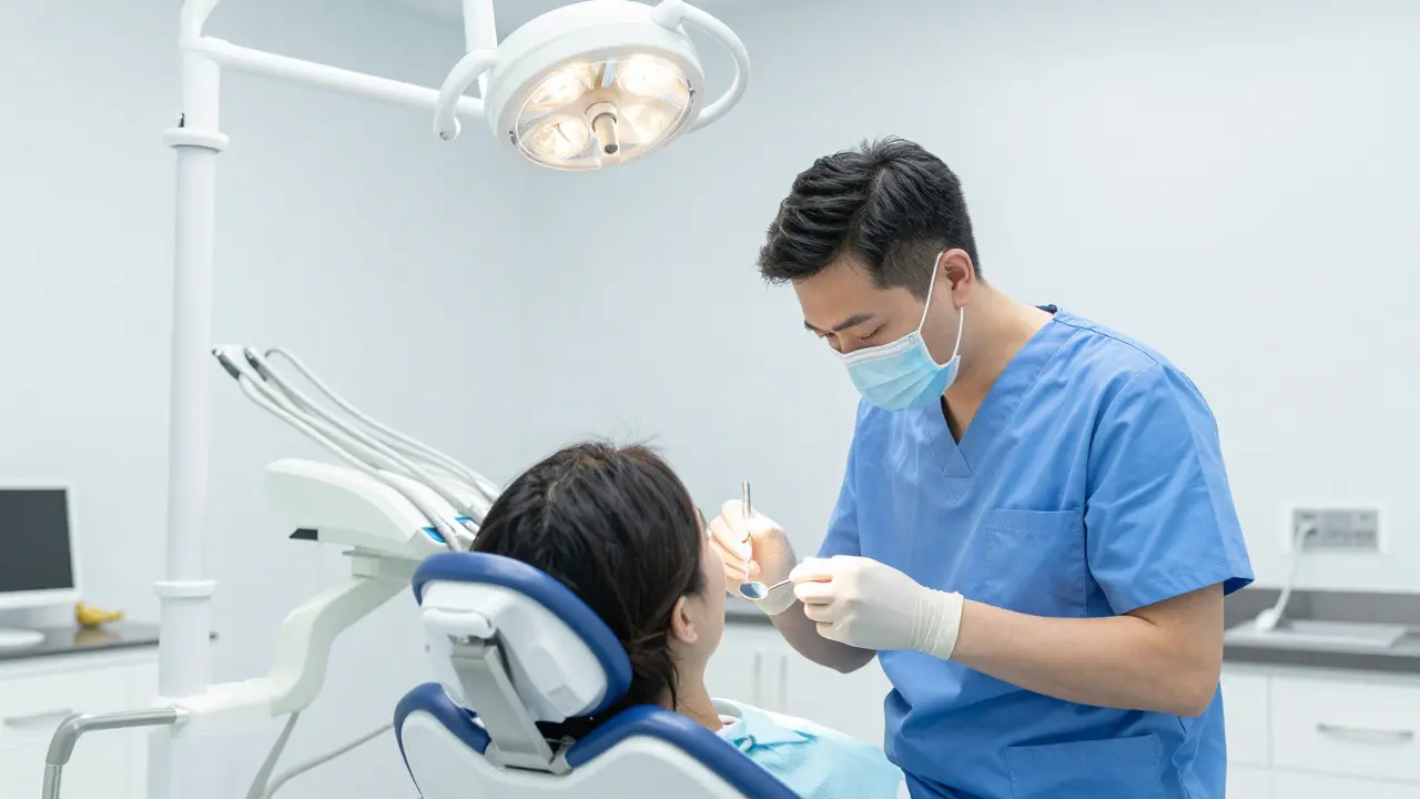 Zubař vyšetřuje pacienta v moderní ordinaci.