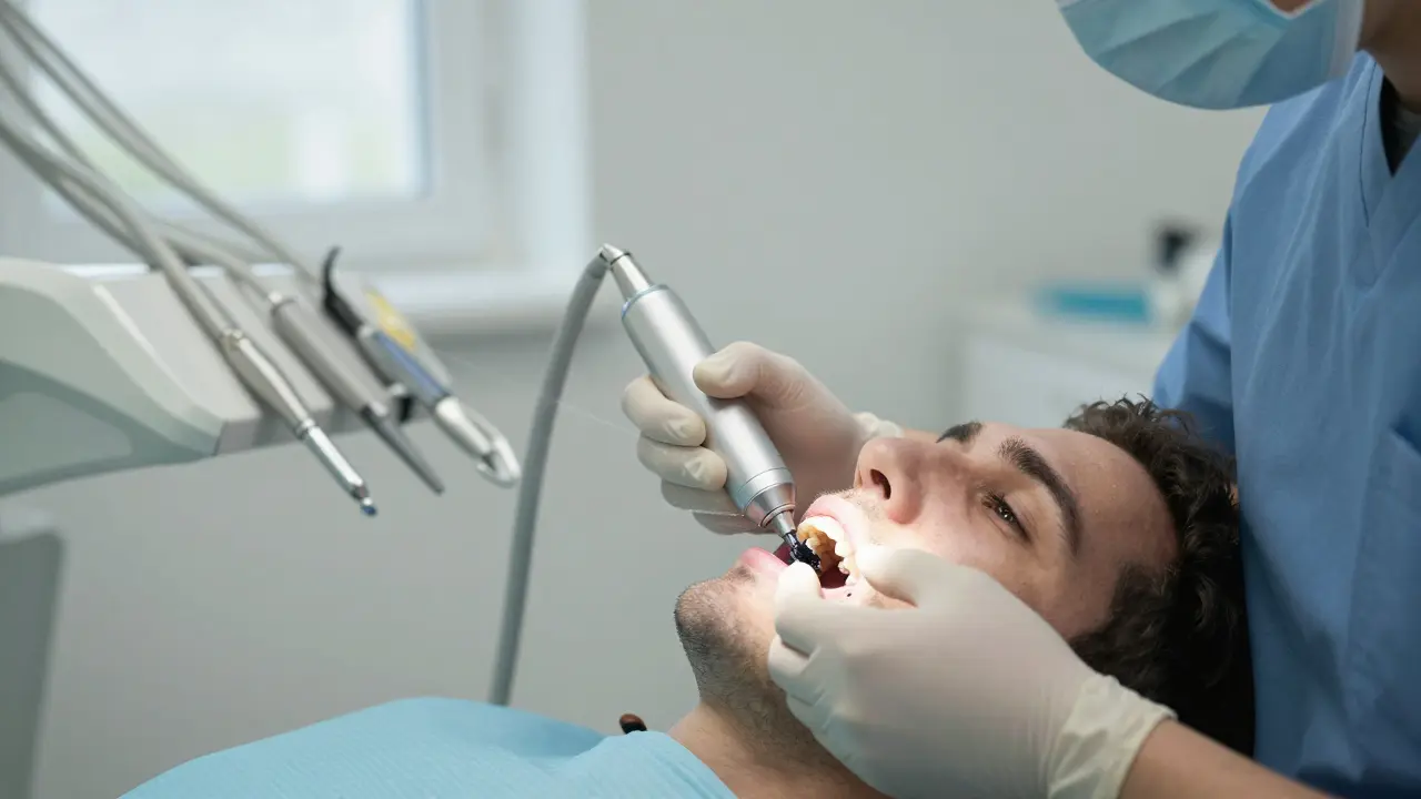 Zubní lékař odstraňuje černý zubní kámen ultrazvukovým skrabeřem