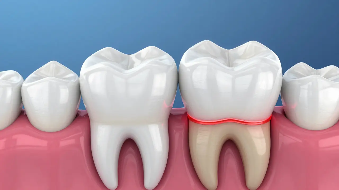 3D ilustrace vnitřní struktury keramické korunky a jejího spojení se zubem.