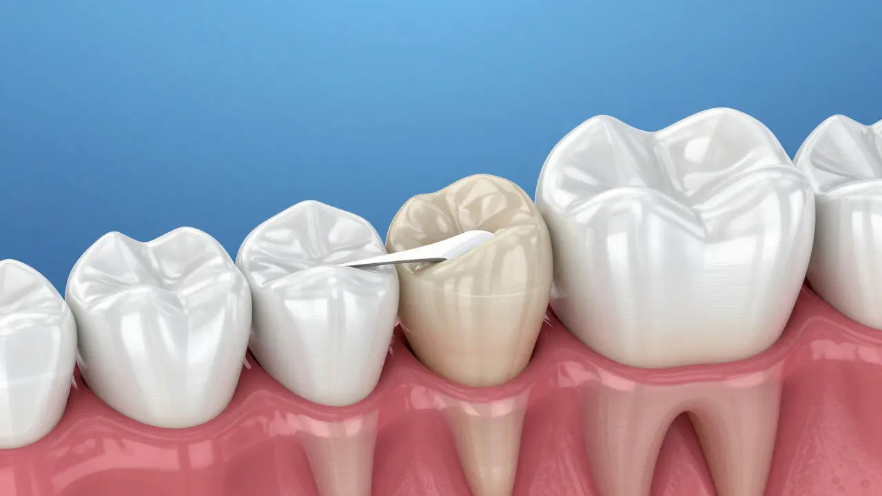 3D model srovnávající tlak plomby a ochranný efekt zubní korunky.