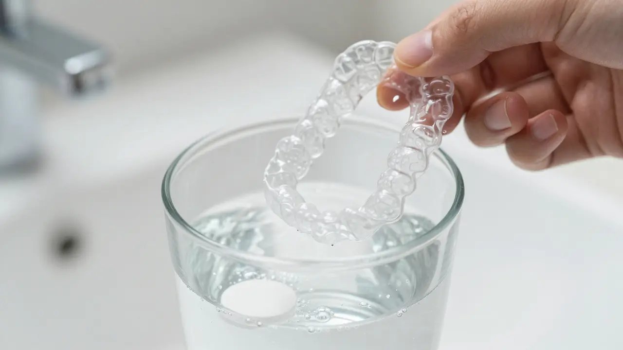 Čištění snímacích rovnátek v mýdlovém roztoku s čisticí tabletou.