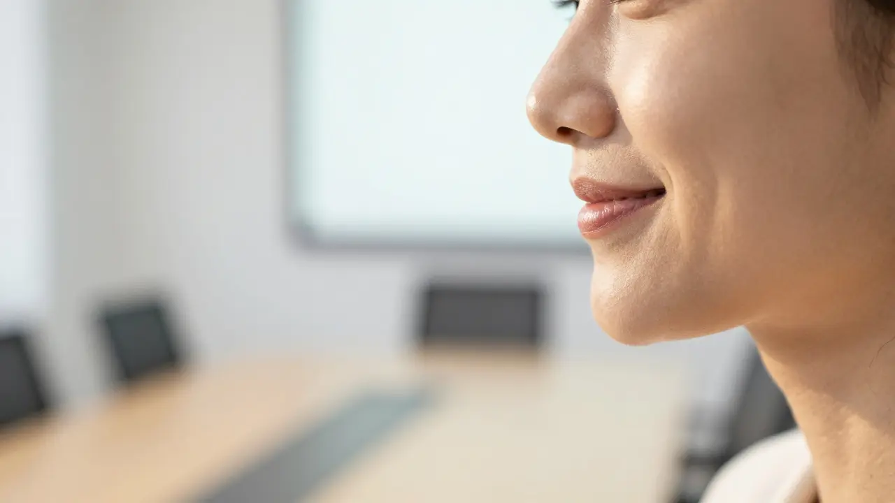 Detailní profil spokojeného člověka s přirozeným úsměvem v profesionálním prostředí.