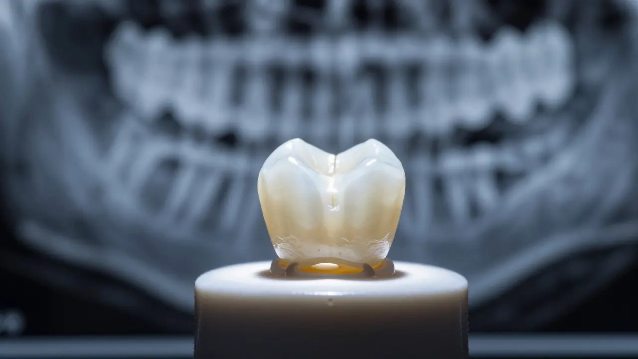Detailní záběr na keramickou korunku s rozmazaným rentgenem v pozadí.