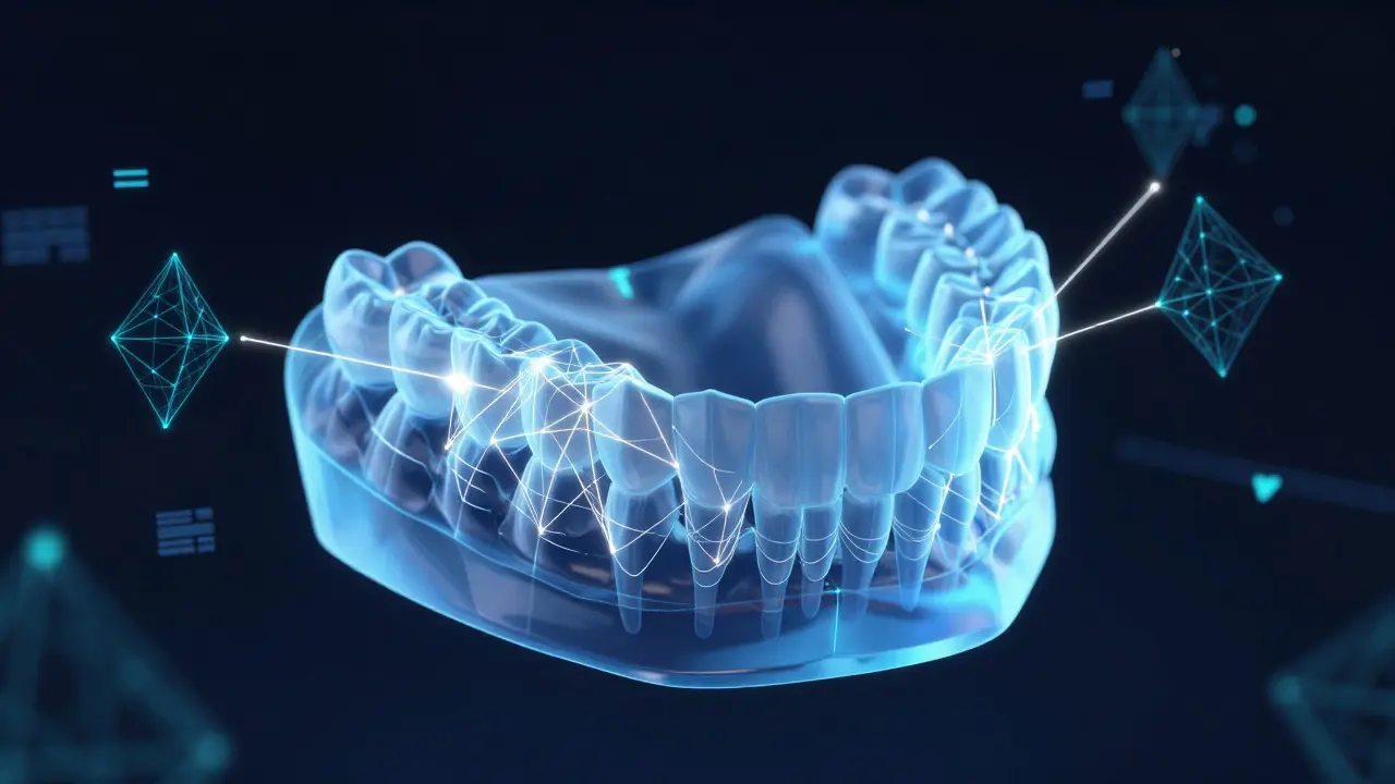 Digitální 3D model chrupu s laserovým mapováním v technologii CAD/CAM.