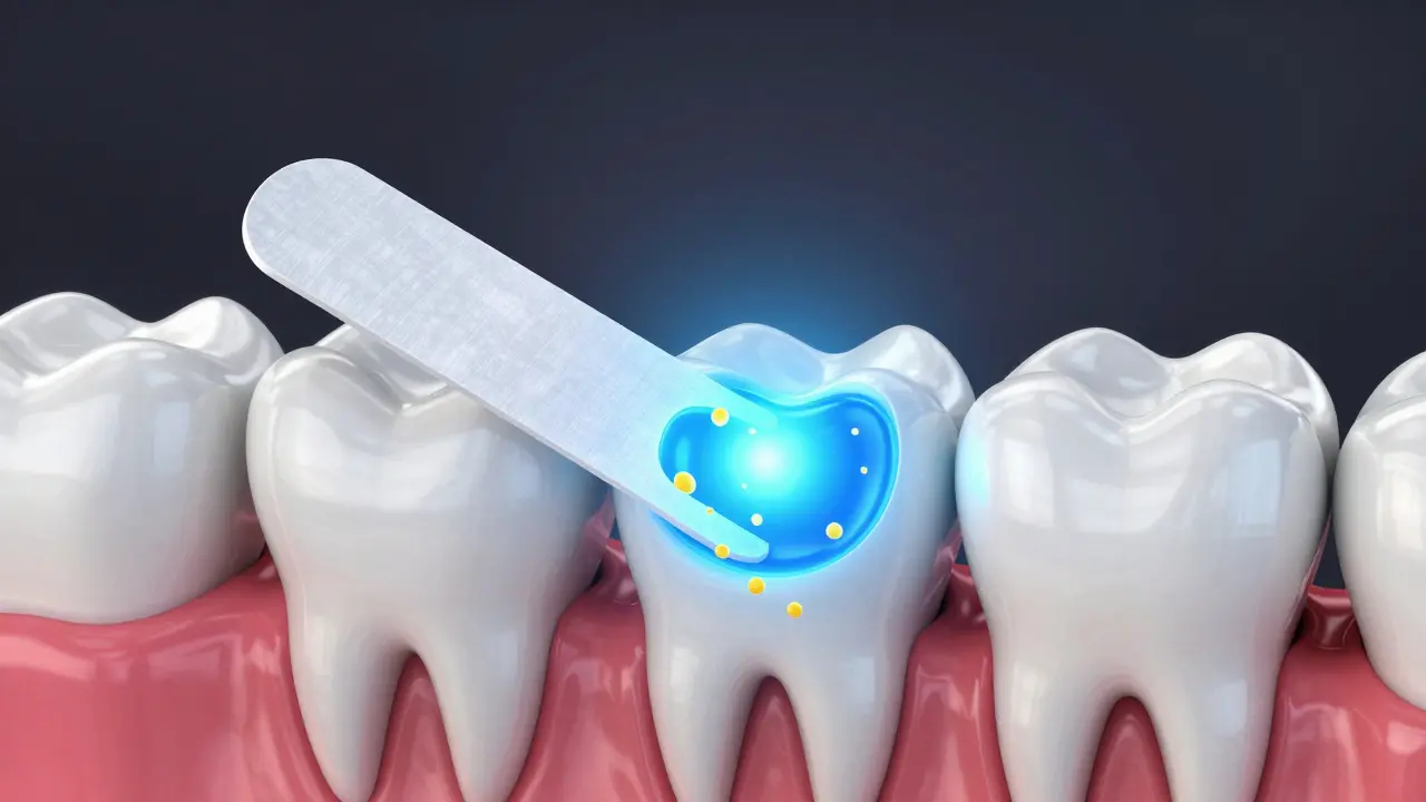 Ilustrace procesu chemického bělení zubů v detailu.