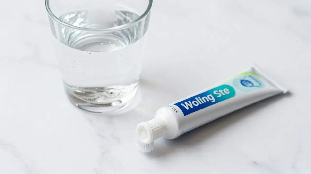 Jasný úsměv, fluoridová pasta a sklenice vody na mramorovém povrchu.