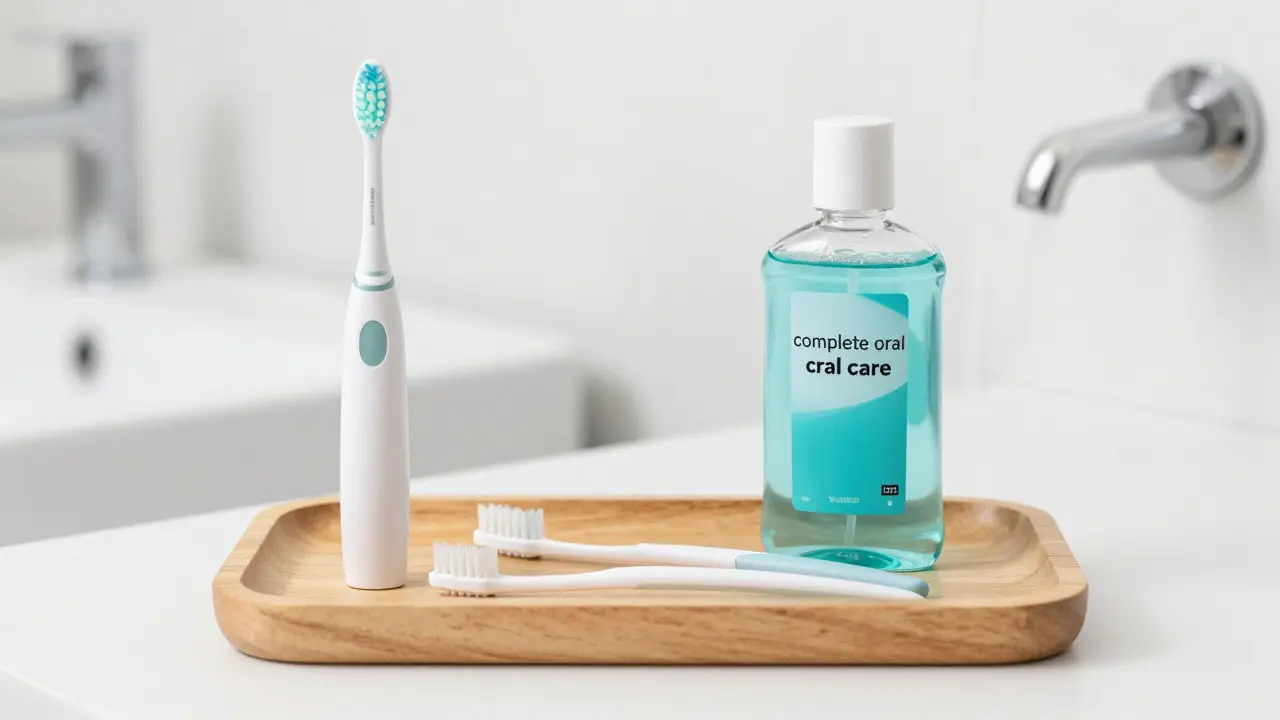 Kompletní sada pro dentální hygienu včetně stěrky na jazyk a ústní vody.