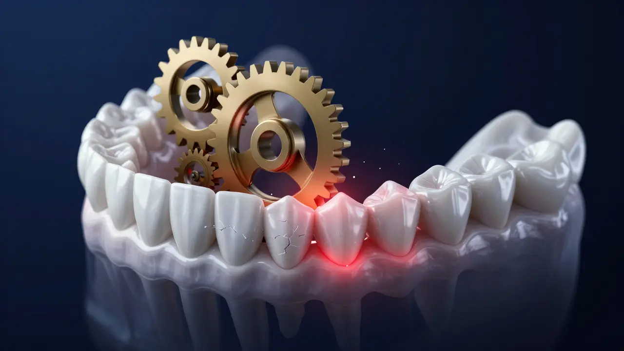 Konceptuální 3D ilustrace čelistí jako ozubených kol znázorňující tlaky při špatném skusu.