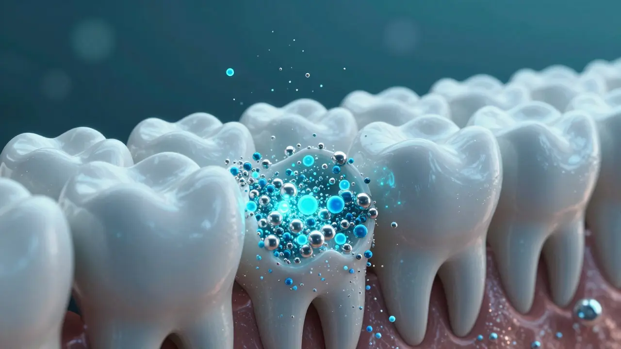Konceptuální 3D ilustrace procesu remineralizace zubu pomocí minerálů.