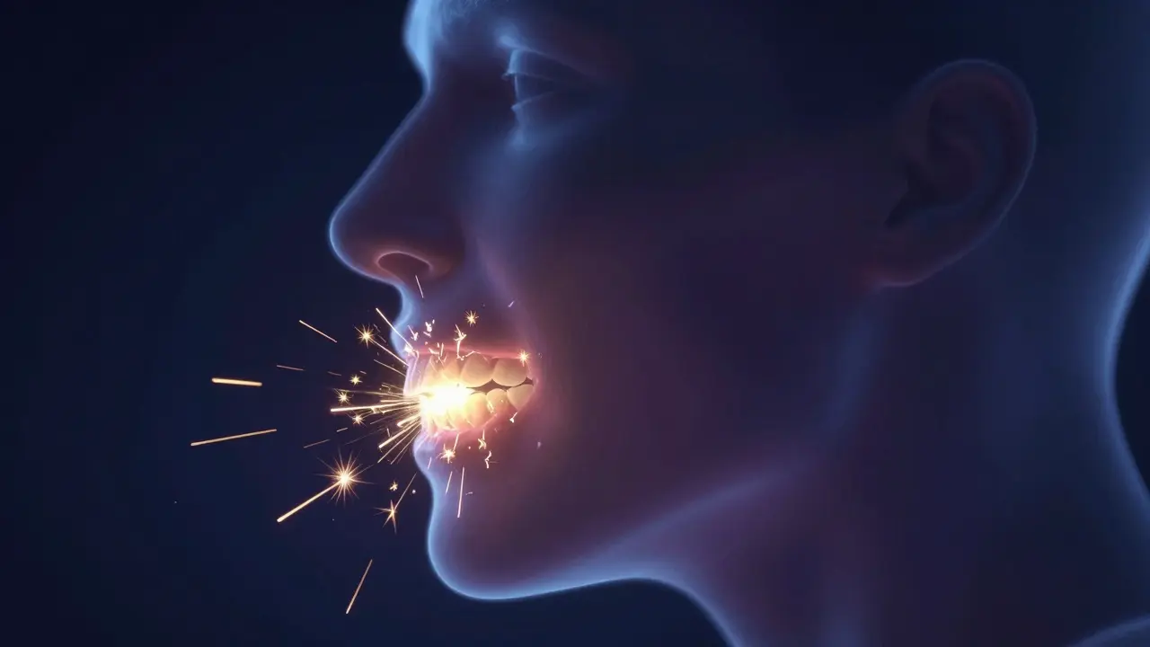 Konceptuální ilustrace tlaku a tření zubů při nočním skřípání.