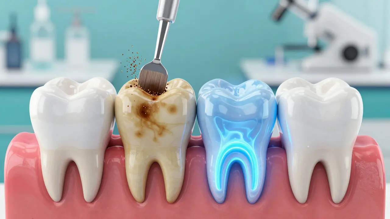 Konceptuální schéma ukazující mechanické a chemické bělení zubu.