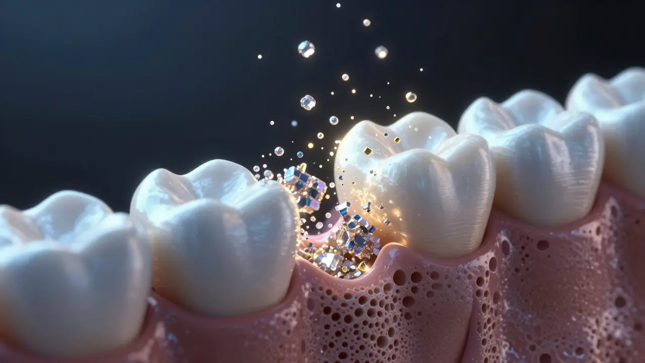Konceptuální znázornění procesu remineralizace zubní skloviny.