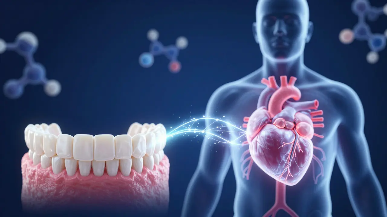 Konceptuální znázornění souvislosti mezi zdravím dásní a zdravím srdce.