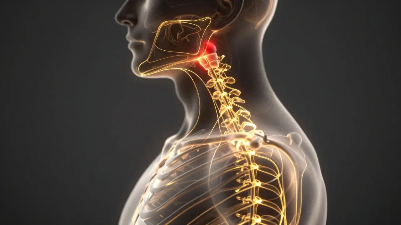 Konceptuální zobrazení vlivu špatného předkusu na páteř a záda.