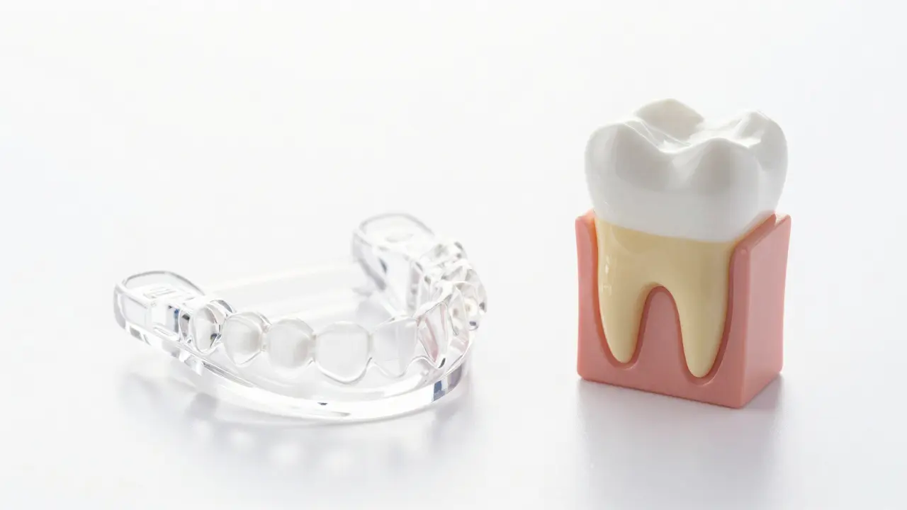 Křemíková bruxistická dlžka vedle schéma budovy zubu.