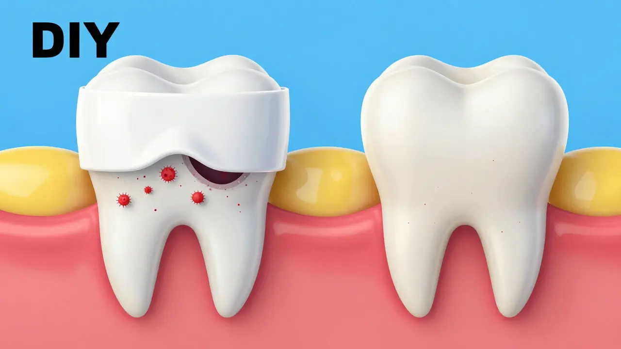 Kresba znázornující riziko infekce při použití domácích plastových výplní v zubech.
