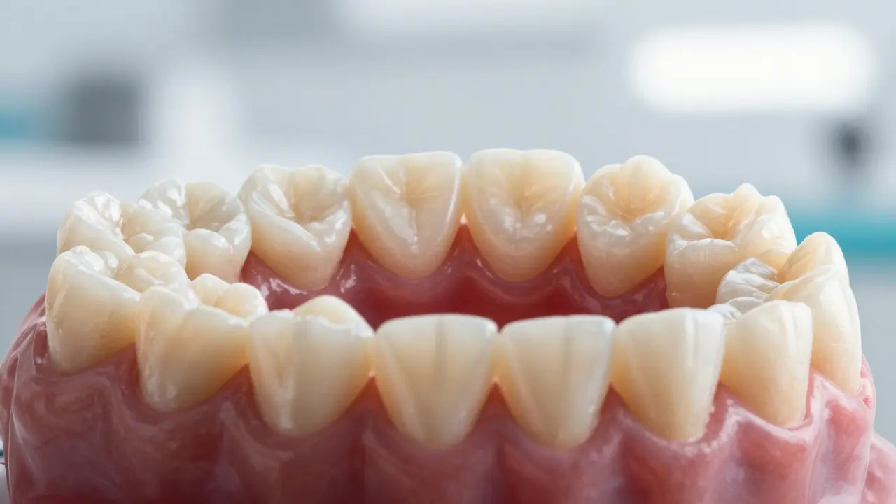 Makro detail překrývajících se zubů s mírným zánětem dásní.