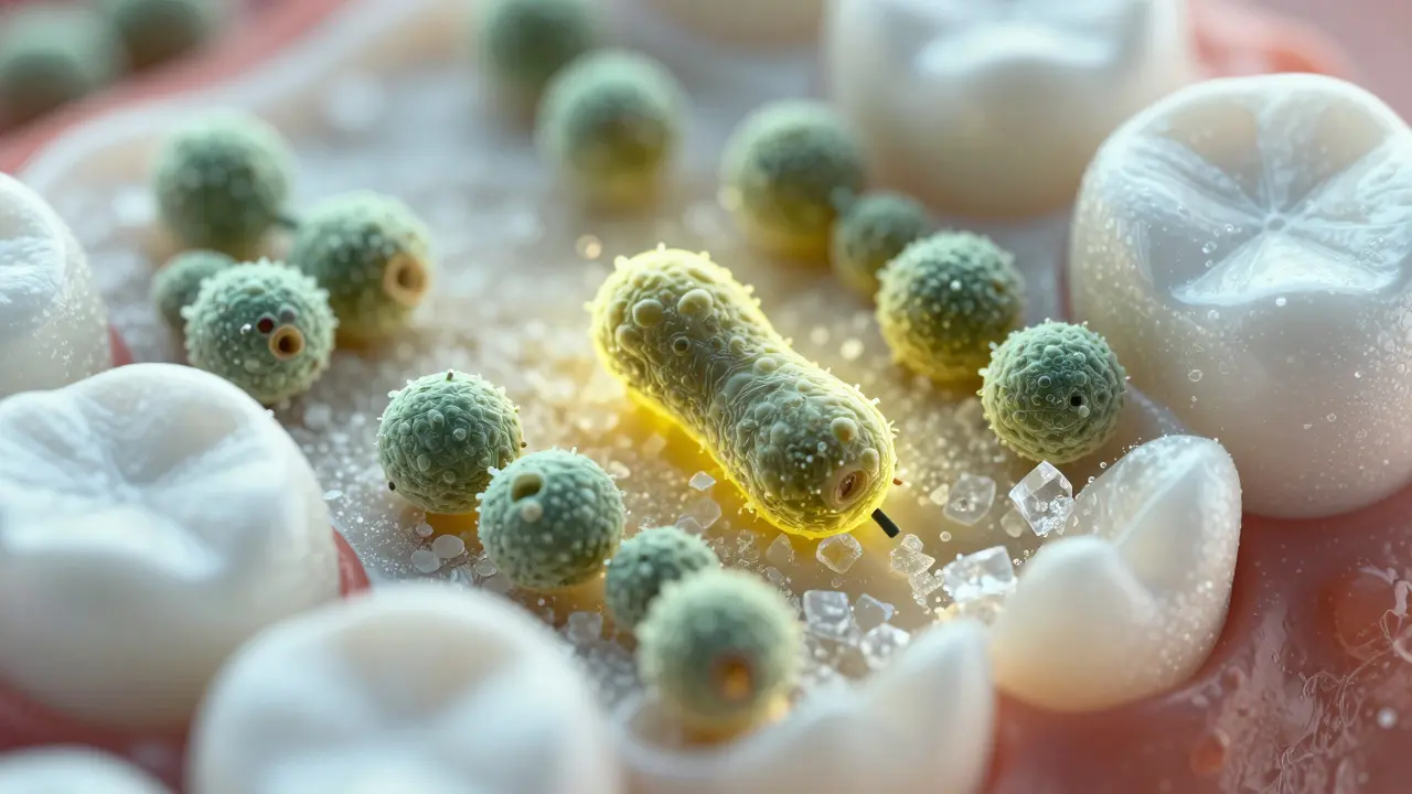 Mikroskopický pohled na bakterie a kyseliny rozpouštějící zubní sklovinu.