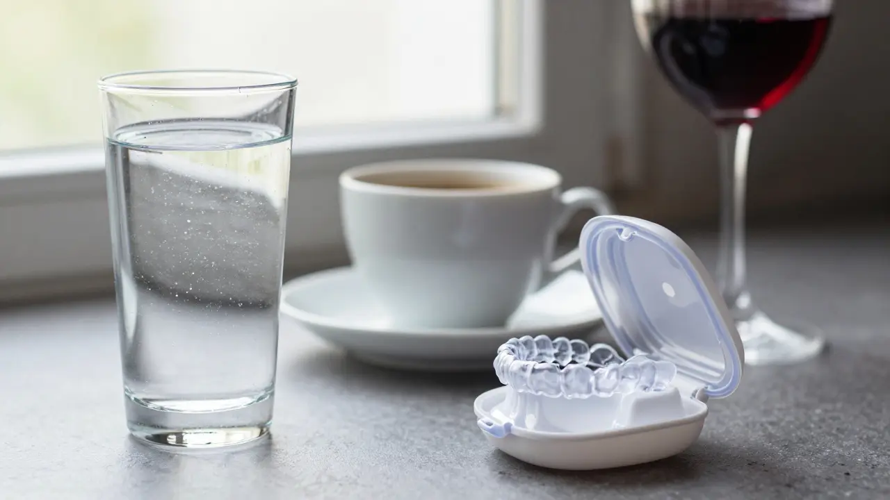 Ochranné pouzdro na rovnátka vedle sklenice vody a kávového šálku.